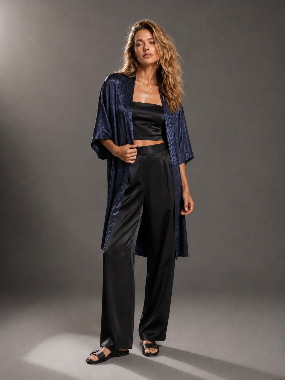 Natori Navy Leopard Satin Kimono Robe XS NWT